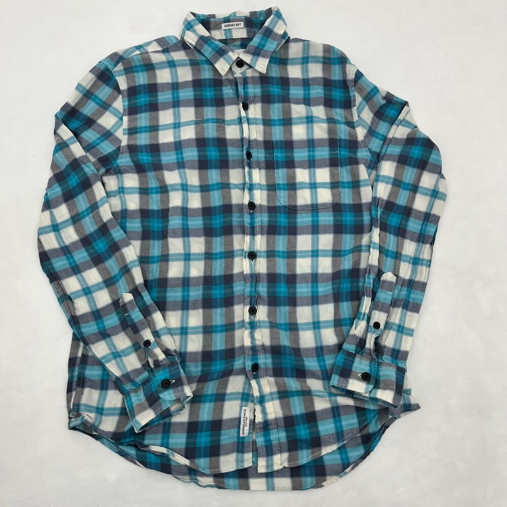American Eagle Mens M Button Up‎ Flannel Shirt Purple Blue Plaid Seriously Soft